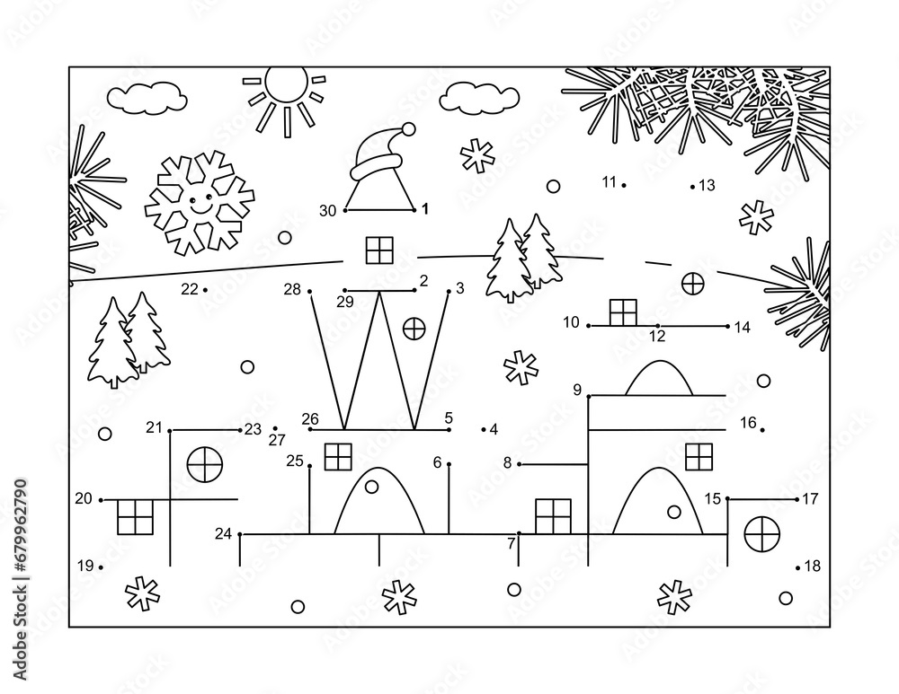 Naklejka premium Ice palace in winter dot-to-dot picture puzzle and coloring page 