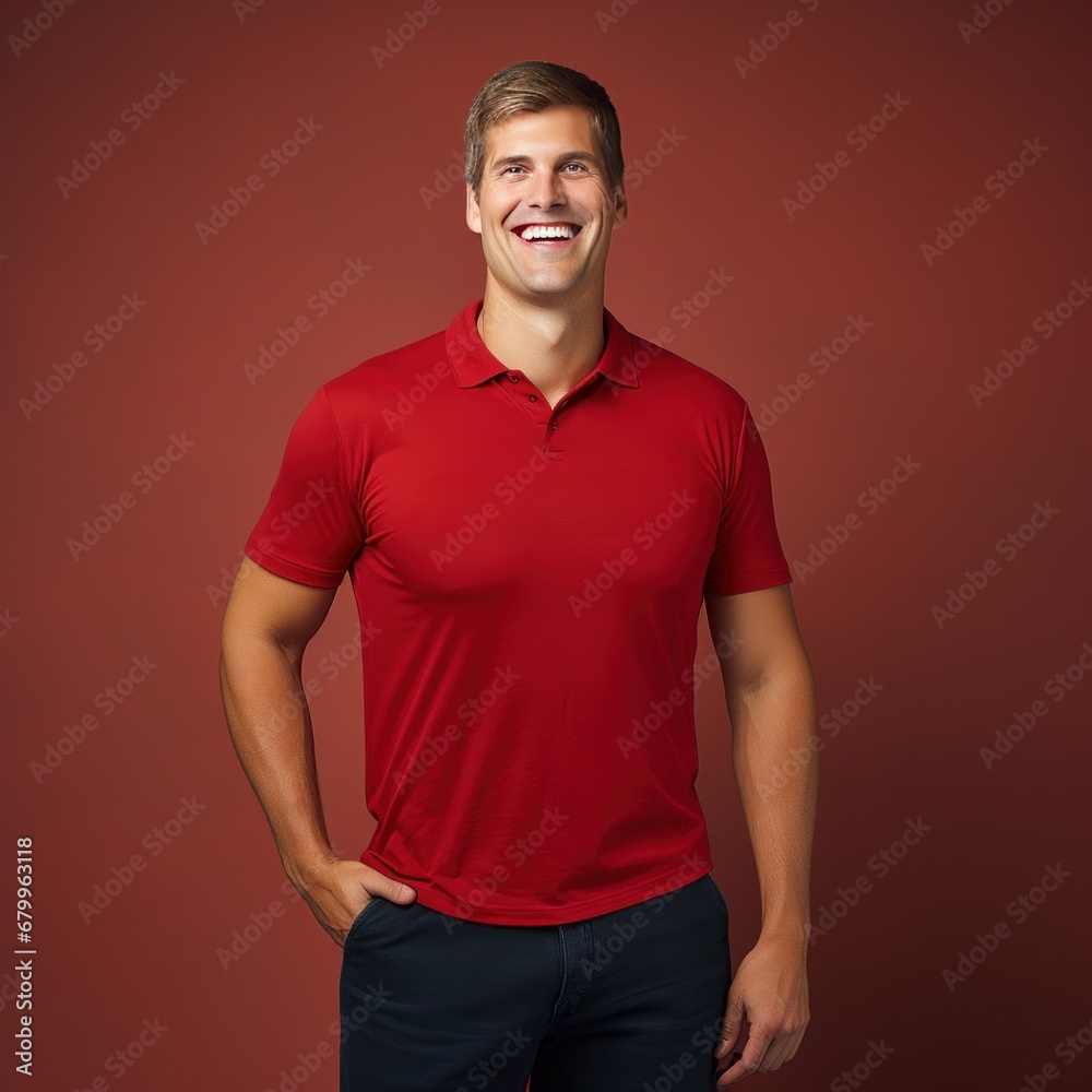 Man smiling in red t-shirt on red background isolated AI Man smiling in red t-shirt on red background isolated AI