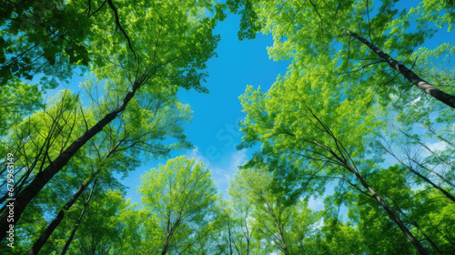 green leaves and sky  Clear blue sky and green trees seen from below. Carbon neutrality concept presented in a vertical format. Pictures for Earth Day or World Environment Day desktop backgrounds.