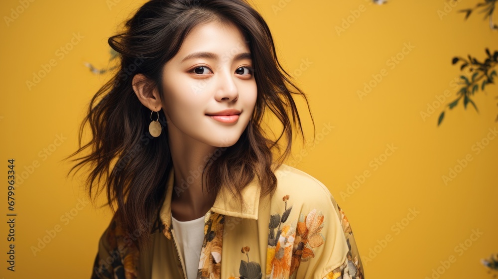 Fashion smiling Asian girl in yellow background Fashion smiling Asian girl in yellow background