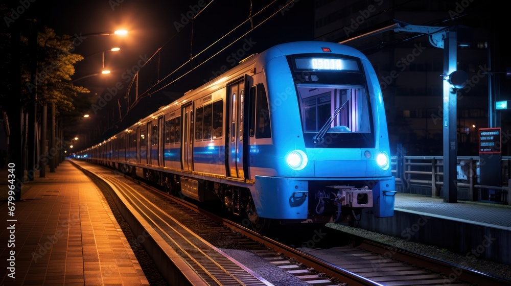 Naklejka premium Blue modern high speed train at the station. Railway station at night