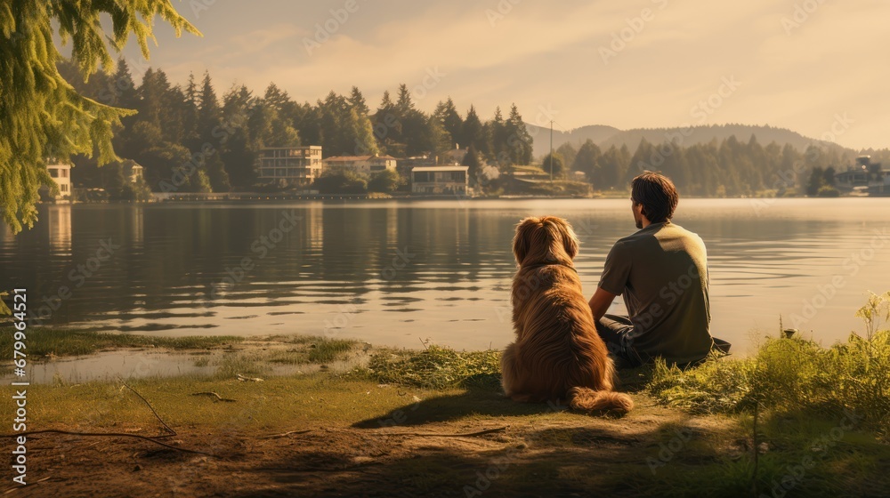 Man with his dog on the grass next to a beautiful lake