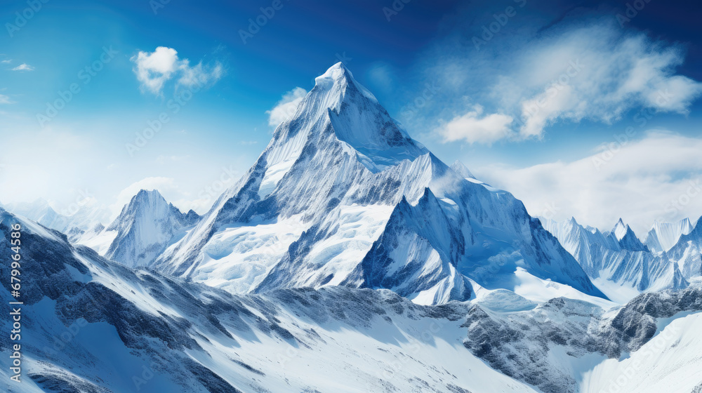 snowy mountain landscape,snow covered mountains, Majestic snowy mountain peak towering above the clouds, its pristine white slopes contrasting against the deep blue sky