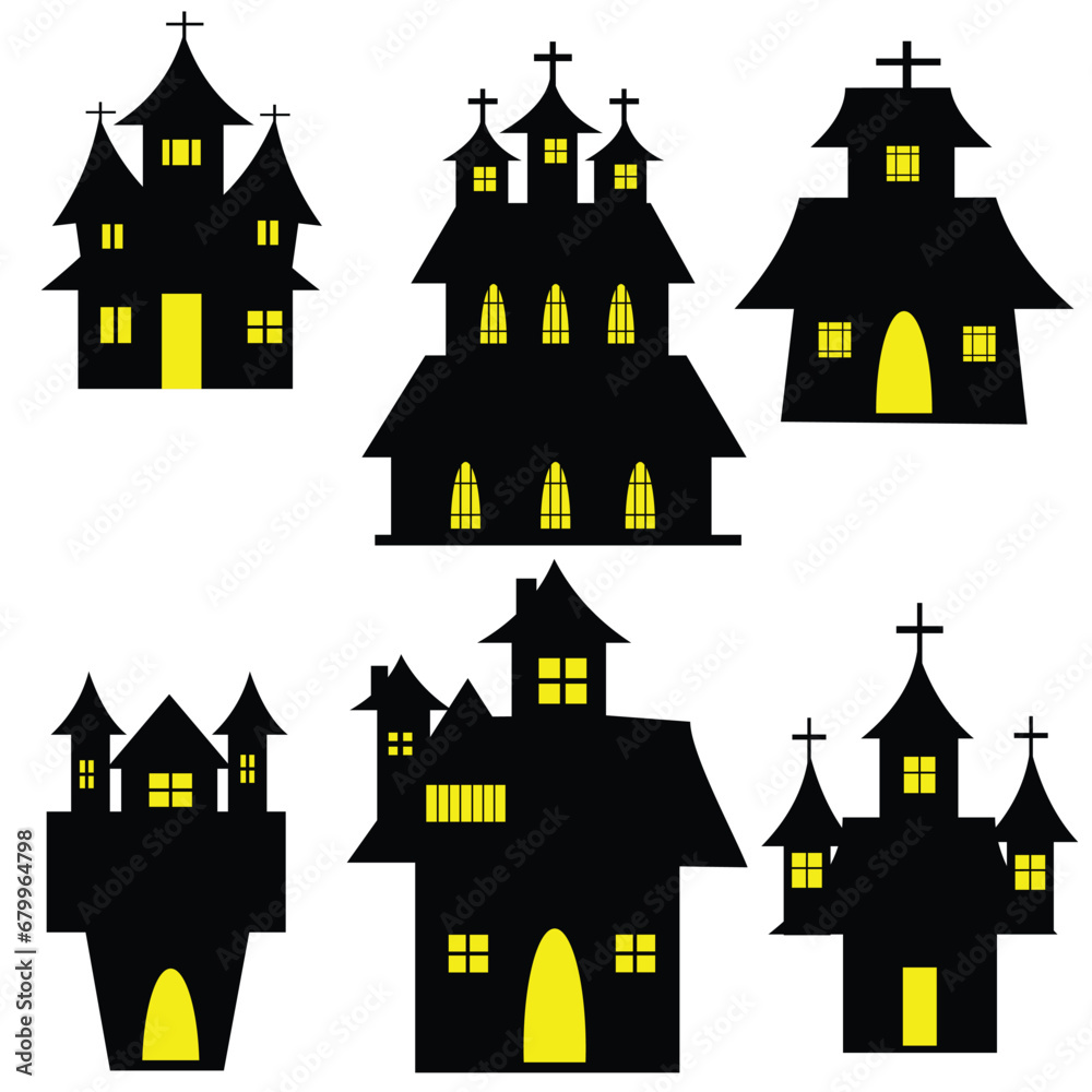 Set of Halloween haunted house isolated on white background. Scary dark silhouette of home or mansion.