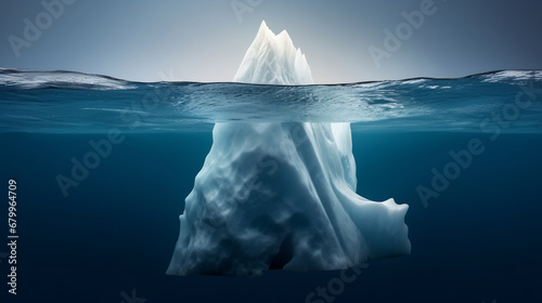 Lone iceberg in the ocean, iceberg above the water and under water floating in the serene sea photo