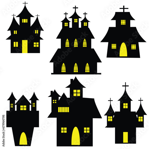 Set of Halloween haunted house isolated on white background. Scary dark silhouette of home or mansion.