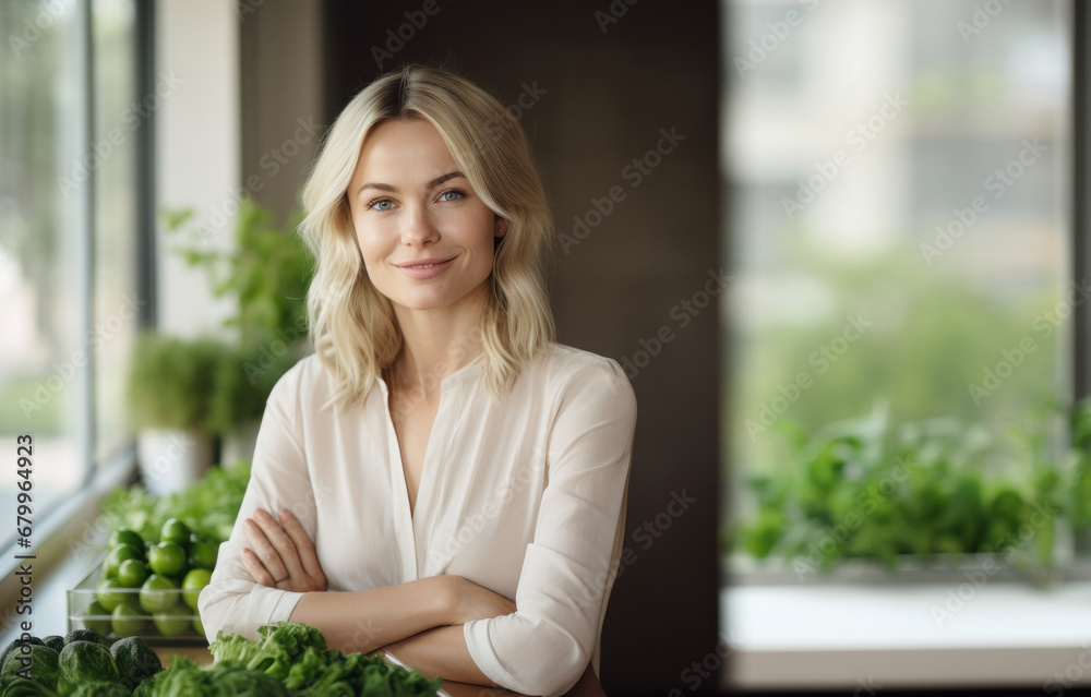 Beautiful smiling blonde hair woman in the kitchen. Scandinavian nutritionist. Healthy lifestyle Beautiful smiling blonde hair woman in the kitchen. Scandinavian nutritionist. Healthy lifestyle