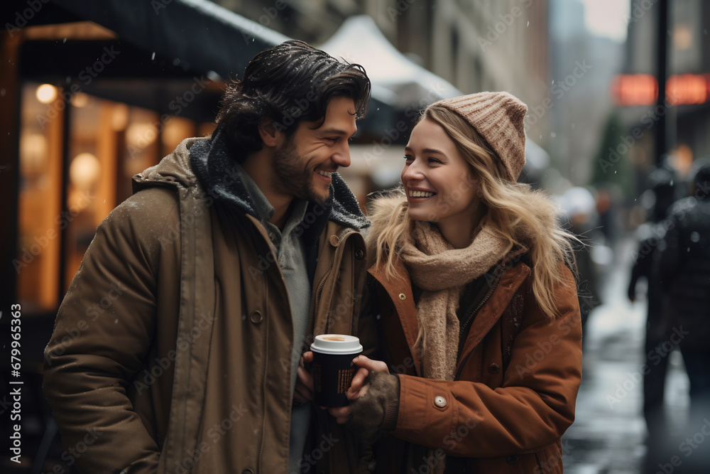 Young couple wearing winter clothes smiling holding cups with hot drinks, outdoors city market on background