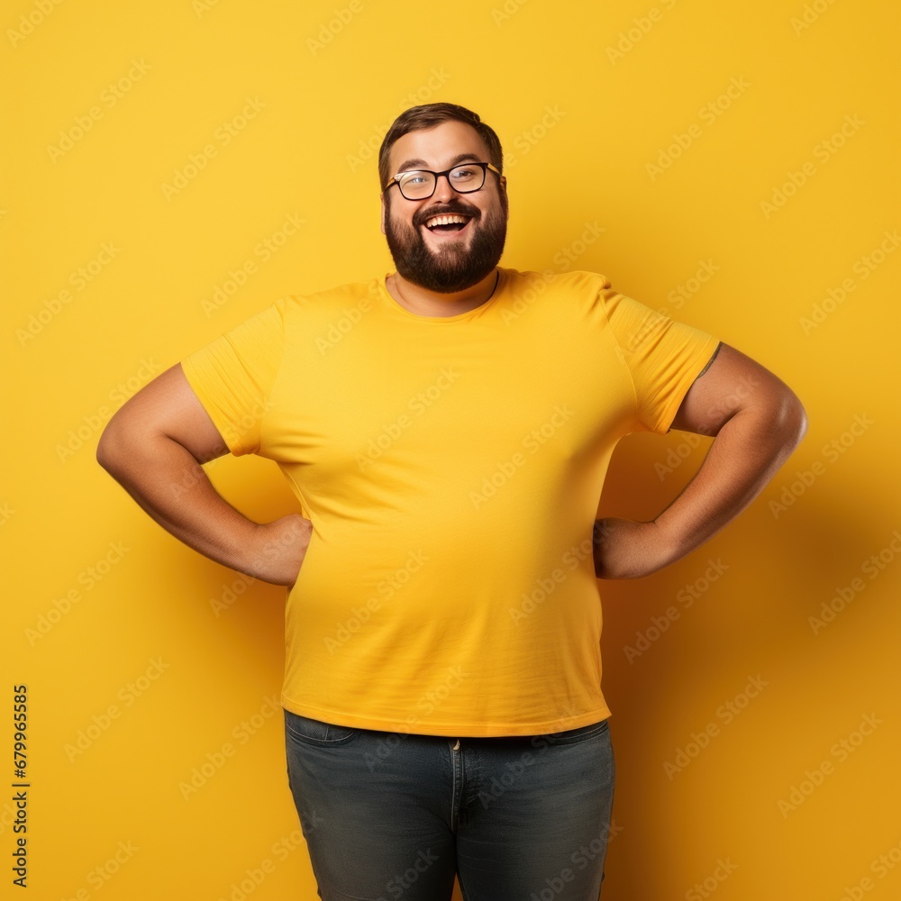 Fat man smiling in yellow t-shirt on yellow background isolated AI Fat man smiling in yellow t-shirt on yellow background isolated AI