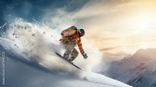 Flying snowboarder on mountains. Extreme winter sport