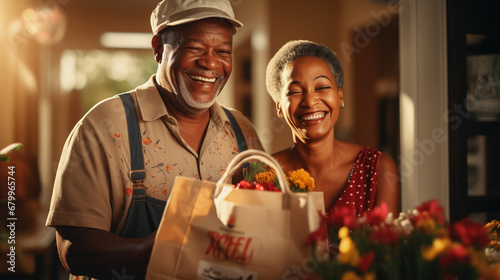 Candid photo of the elderly black couple receives delivery of groceries in bags from a volunteer photo