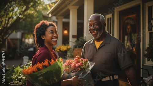 Candid photo of the elderly black couple receives delivery of groceries in bags from a volunteer