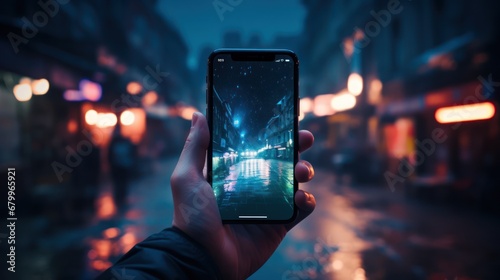 Mockup image of a hand holding mobile phone with blank white screen over blurred night street background. photo
