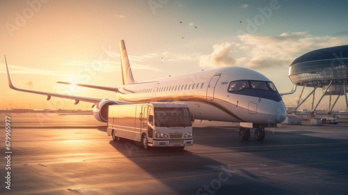 Airplane in the airport at sunset. Travel and transportation concept. © ladaz
