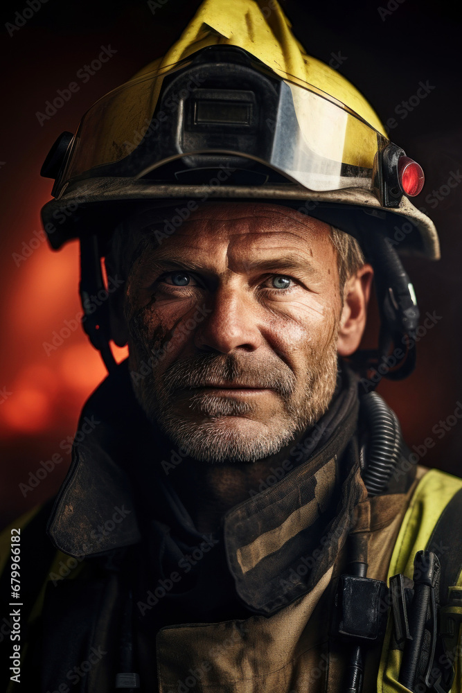 Firefighter with helmet portrait on dark backgraund. Proffesion concept Firefighter with helmet portrait on dark backgraund. Proffesion concept