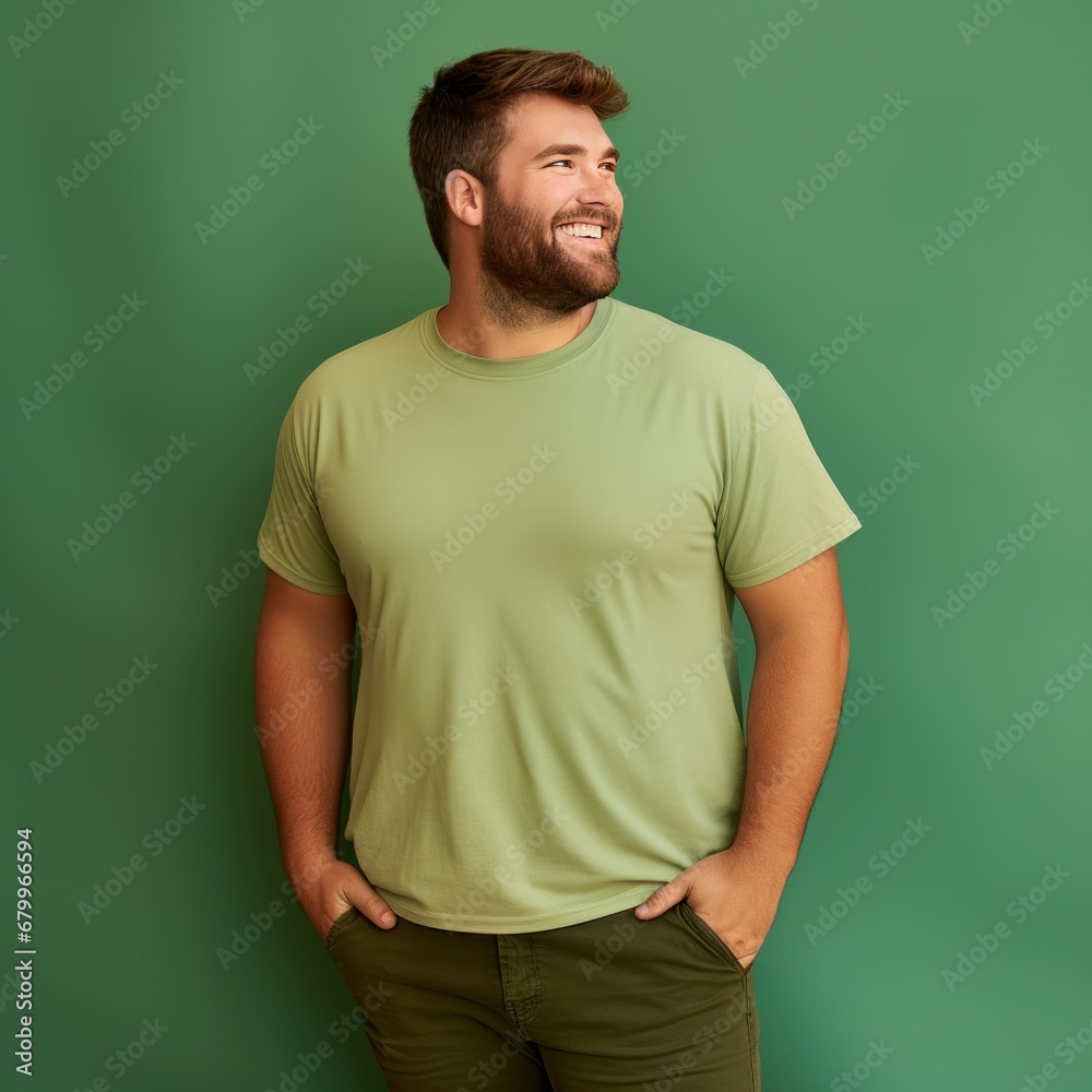 Fat man smiling in green t-shirt on green background isolated AI Fat man smiling in green t-shirt on green background isolated AI
