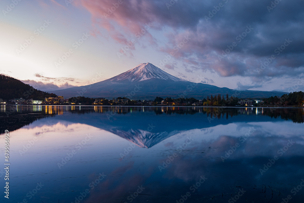 Mount Fuji and its reflection in Lake Kawaguchiko, Japan.