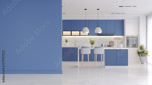 Modern Contemporary kitchen  room interior .white and blue nova material 3d render