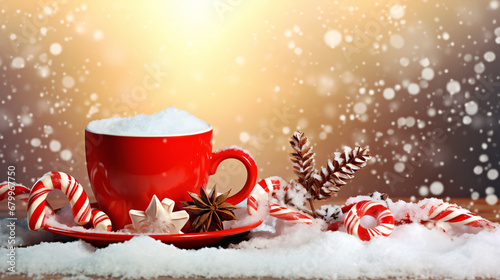 Christmas background with coffee cup  festive decorations  ice crystal snowflakes and fir branches. Generative AI Winter background with a red cup of hot cappuccino and Christmas bokeh.  