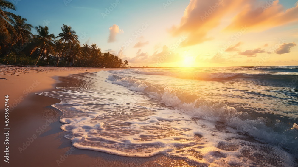 Beautiful sunrise over over the sea with palm trees. Tropical island beach landscape exotic coast. Fantastic panoramic view. Holiday, summer