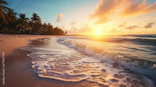 Beautiful sunrise over over the sea with palm trees. Tropical island beach landscape exotic coast. Fantastic panoramic view. Holiday, summer