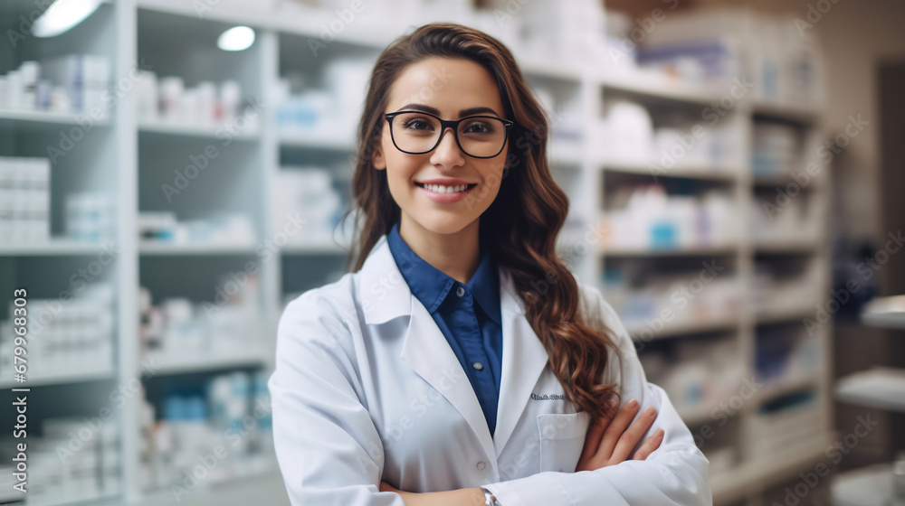 Portrait of beautiful female pharmacist standing in in modern pharmacy, young woman pharmacist wearing glasses, crosses arms and looking at camera smiling