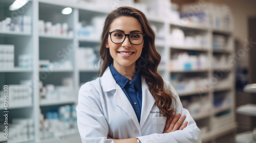 Portrait of beautiful female pharmacist standing in in modern pharmacy, young woman pharmacist wearing glasses, crosses arms and looking at camera smiling