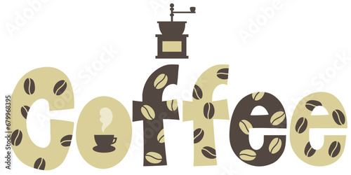 コーヒー豆とコーヒーカップをあしらったコーヒーの文字とコーヒーミルのシルエット