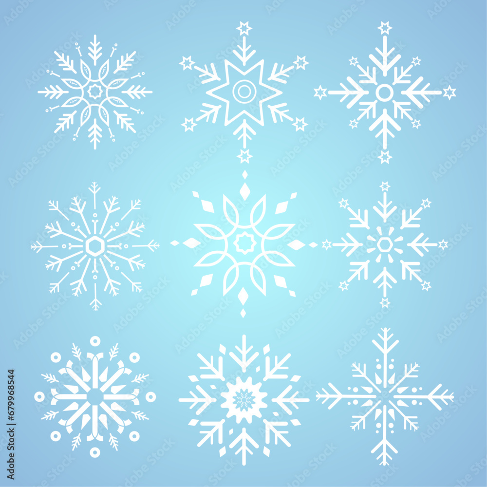 Group of white snowflakes for winter, spring and Christmas elements on isolated blue background, white geometric minimalist snowflake elements and icons concept design Group of white snowflakes for winter, spring and Christmas elements on isolated blue background, white geometric minimalist snowflake elements and icons concept design