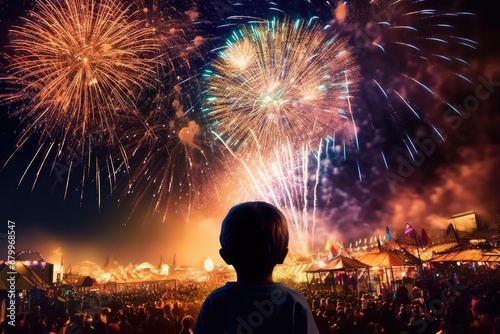 Child with firework at them park. Happy new year celebrate concept.