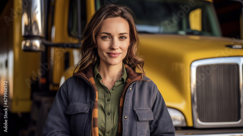 Portrait of young female truck driver standing in front of trucks