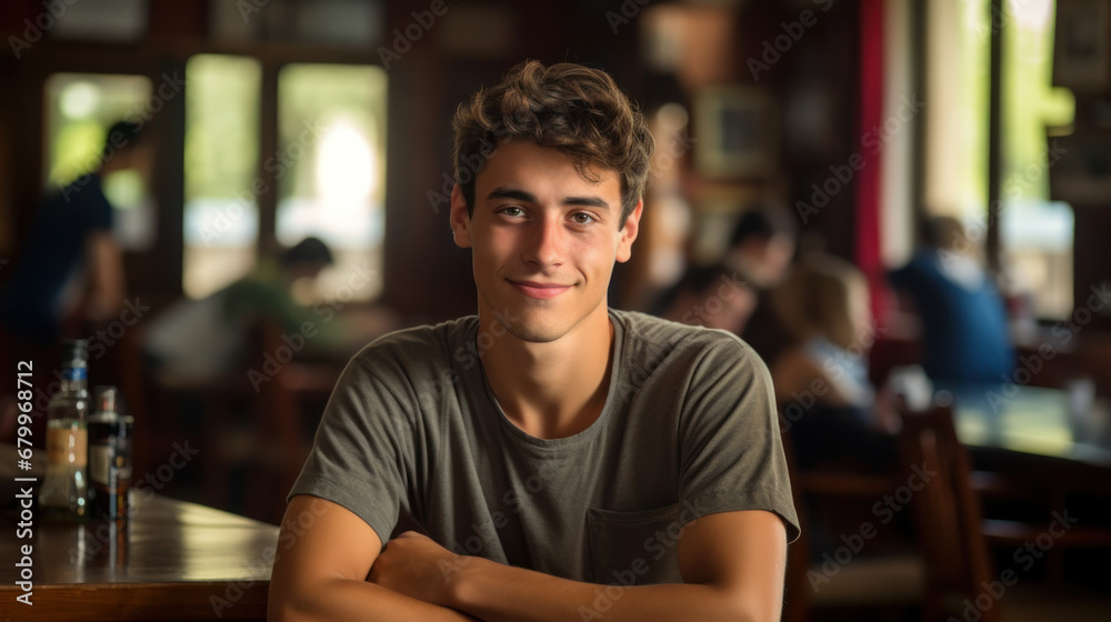 Happy student taking notes while studying in high school. Satisfied young man looking at camera while sitting at desk in classroom.