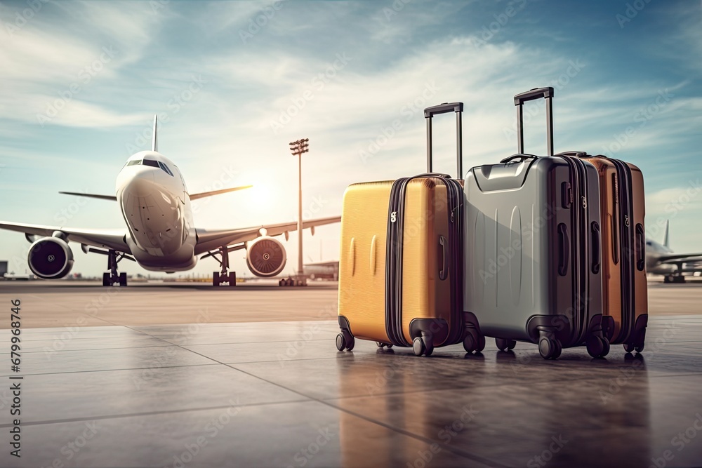 Travel luggage and airplane on the airport runway. Travel and vacation concept, Suitcases in the airport. Travel concept, plane flying on the background, AI Generated - obrazy, fototapety, plakaty 
