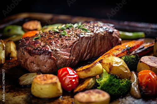 Grilled beef steak with vegetables on a dark background. Toned, Succulent fillet steak and roast vegetables close up, AI Generated