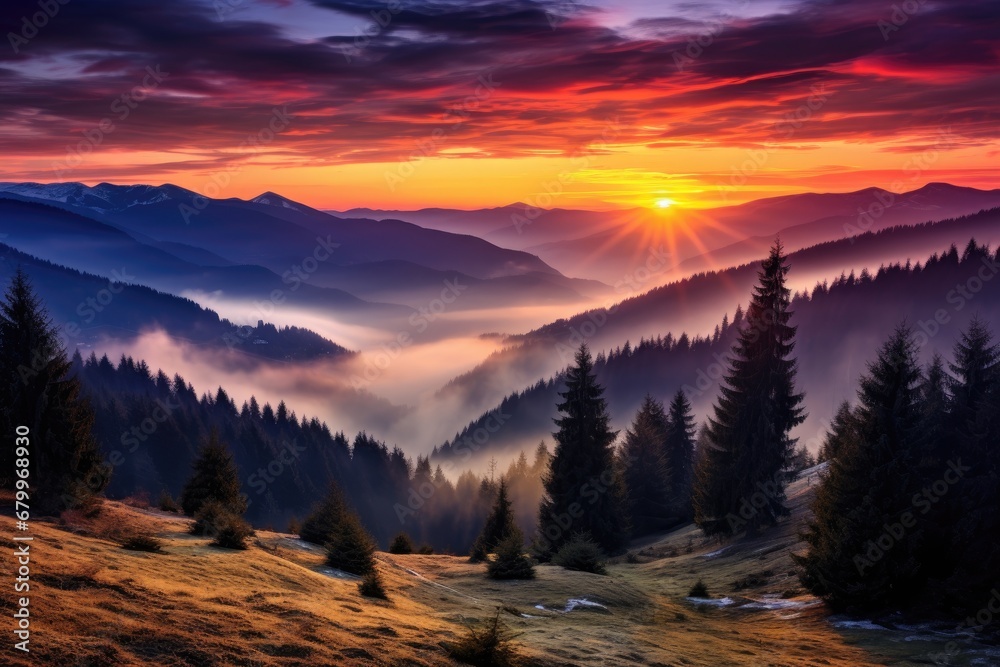 Fantastic sunset in the mountains. Dramatic scene. Carpathian, Ukraine, Europe. Beauty world, Sunset in the Carpathian mountains. Ukraine, Europe, AI Generated