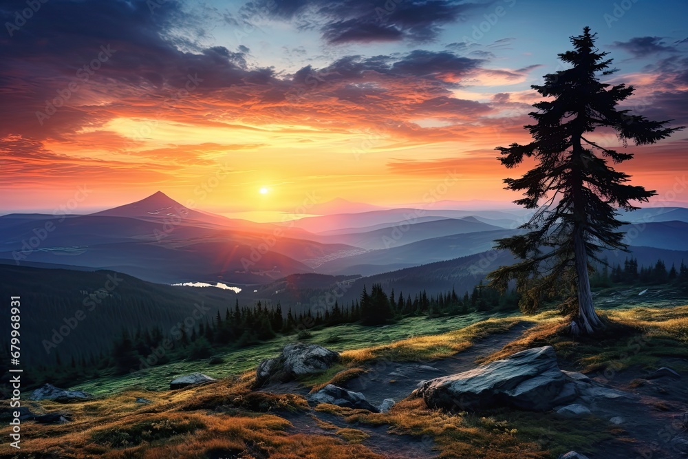 Fantastic sunset in the mountains. Dramatic scene. Carpathian, Ukraine, Europe. Beauty world, Sunset in the Carpathian mountains. Ukraine, Europe, AI Generated - obrazy, fototapety, plakaty 