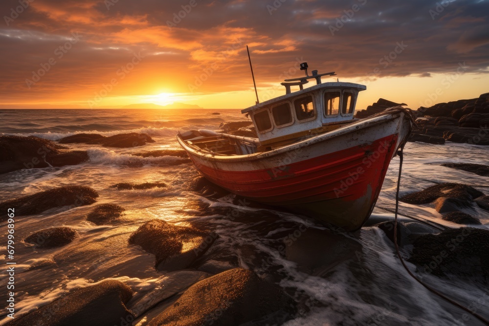 Fishing boat on the beach at sunset, beautiful natural background, Sunset shot of a small fishing boat in rough Tide, AI Generated