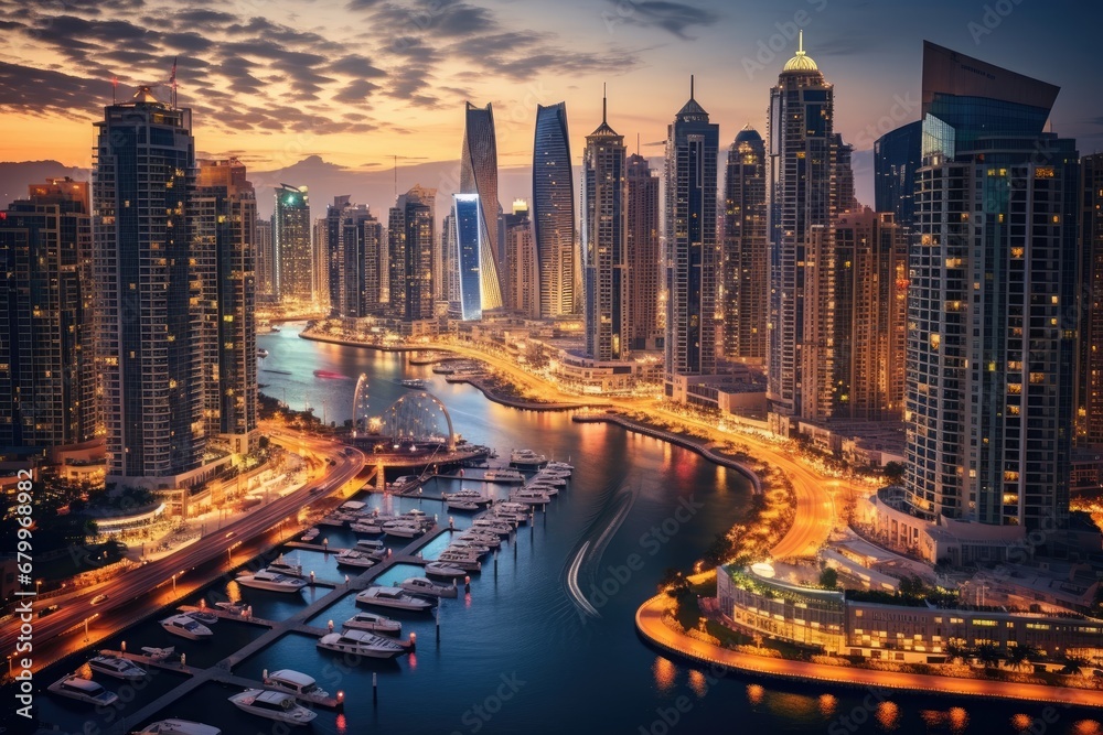 Dubai Marina at night in Dubai, UAE. Dubai was the fastest developing city in the world between 2002 and 2008, Sunset view of the Dubai Marina and JBR area and the famous, AI Generated