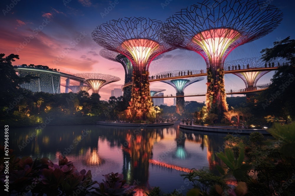 Supertree Grove at Gardens by the Bay in Singapore. Gardens by the Bay is a park spanning 101 hectares of reclaimed land in central Singapore - obrazy, fototapety, plakaty 