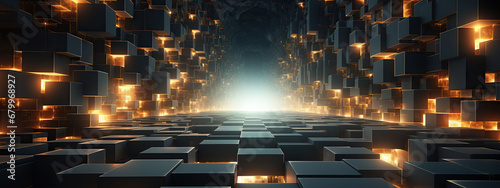 A bright focal light illuminates a pathway through a dense field of glowing cubes, offering a metaphor for guidance and clarity in a complex structure.
