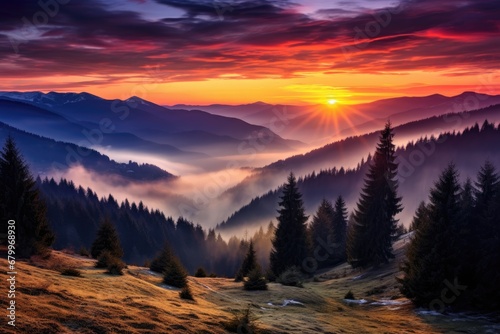 Fantastic sunset in the mountains. Dramatic scene. Carpathian, Ukraine, Europe. Beauty world, Sunset in the Carpathian mountains. Ukraine, Europe, AI Generated © Iftikhar alam