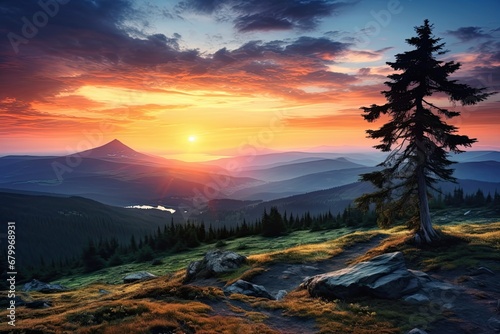 Fantastic sunset in the mountains. Dramatic scene. Carpathian  Ukraine  Europe. Beauty world  Sunset in the Carpathian mountains. Ukraine  Europe  AI Generated