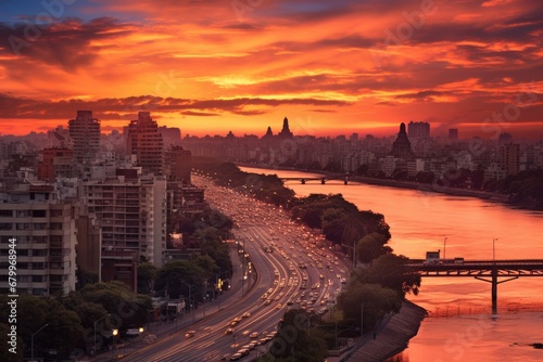 Dramatic sunset over the Dnieper river in Kiev, Ukraine, sunset over Buenos Aires, Argentina, AI Generated photo