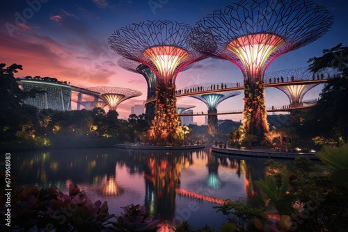 Supertree Grove at Gardens by the Bay in Singapore. Gardens by the Bay is a park spanning 101 hectares of reclaimed land in central Singapore
