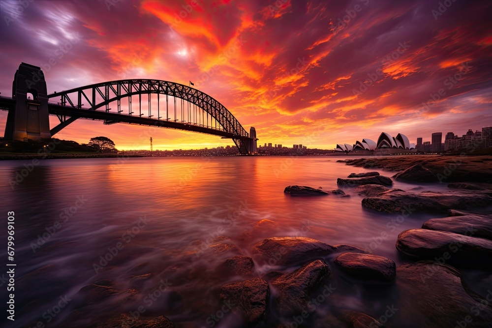 Naklejka premium Sydney Harbour Bridge at sunset, Australia. Long exposure, sydney harbour bridge at sunset, AI Generated