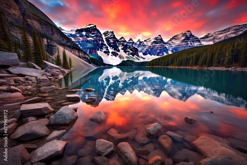 Lake Louise in Banff National Park, Alberta, Canada at sunset, Taken at the peak of color during the morning sunrise at Moraine lake in Banff National park, AI Generated