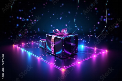 Neon Gift box on bokeh background. Christmas and New Year concept. © soysuwan123