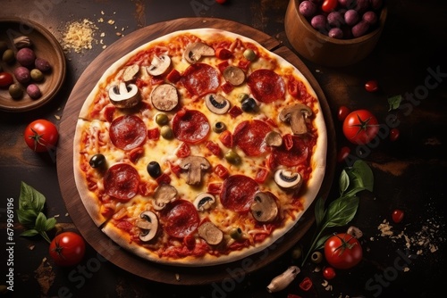 Pizza with salami  mushrooms  olives and basil on black background  Tasty pepperoni pizza with mushrooms and olives with Copy space  AI Generated