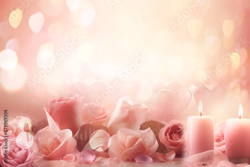 romantic valentine background with soft roses, candlelight, and sweetheart, with copy space for greeting card 