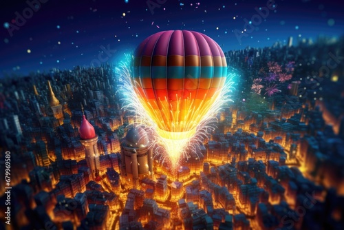 Hot air balloon with firework at night. Happy new year concept.